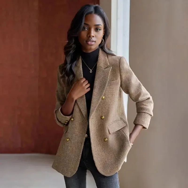 

Vintage Thick Woolen Jackets Notched Blazer Coats Women's Autumn Winter Long Sleeve Elegant Outerwears Female Clothes