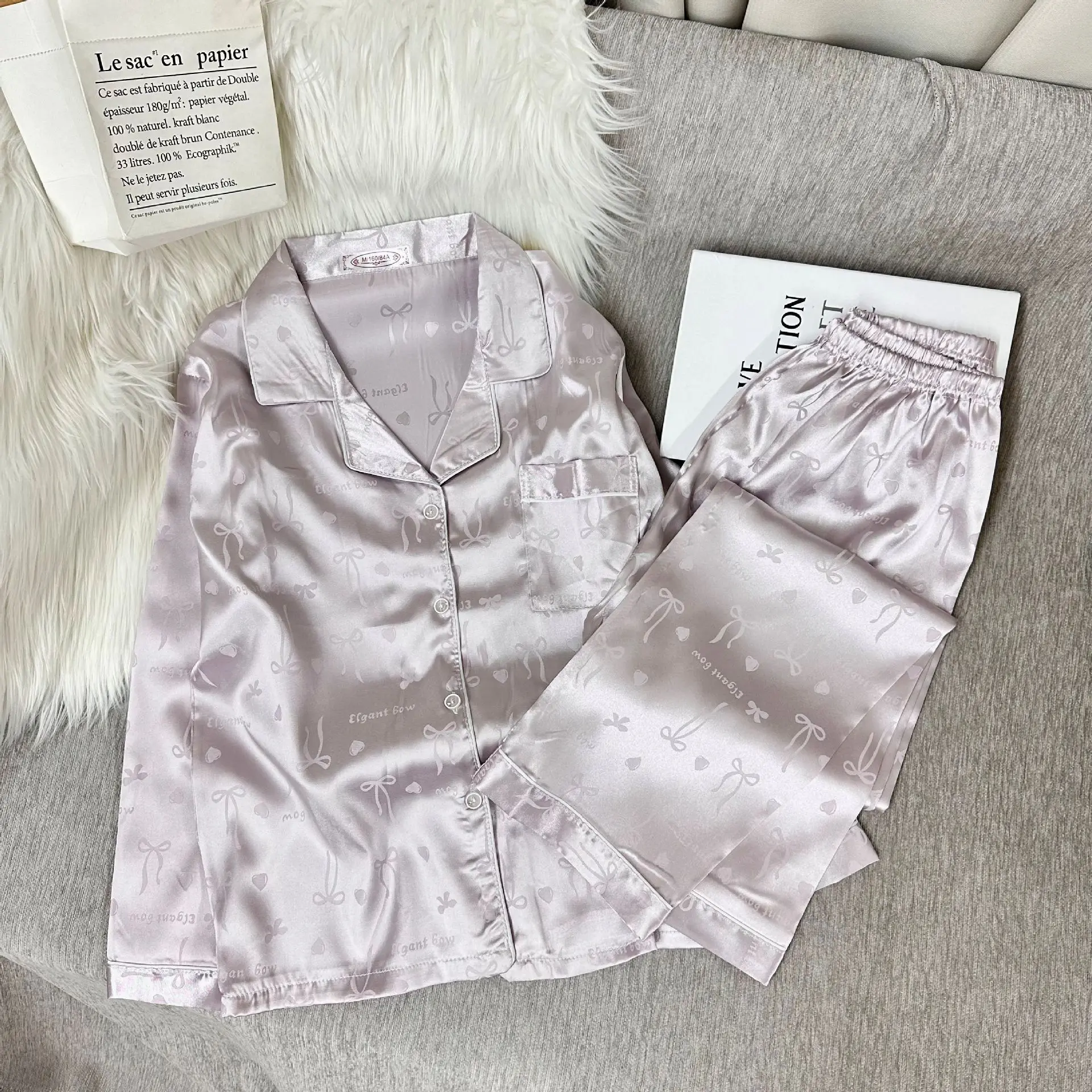 Satin Sleepwear Women's Spring and Autumn Ice Silk High-End Home Wear Heart and Bow Print Long-Sleeved Pink Pajamas 2PCS/Set