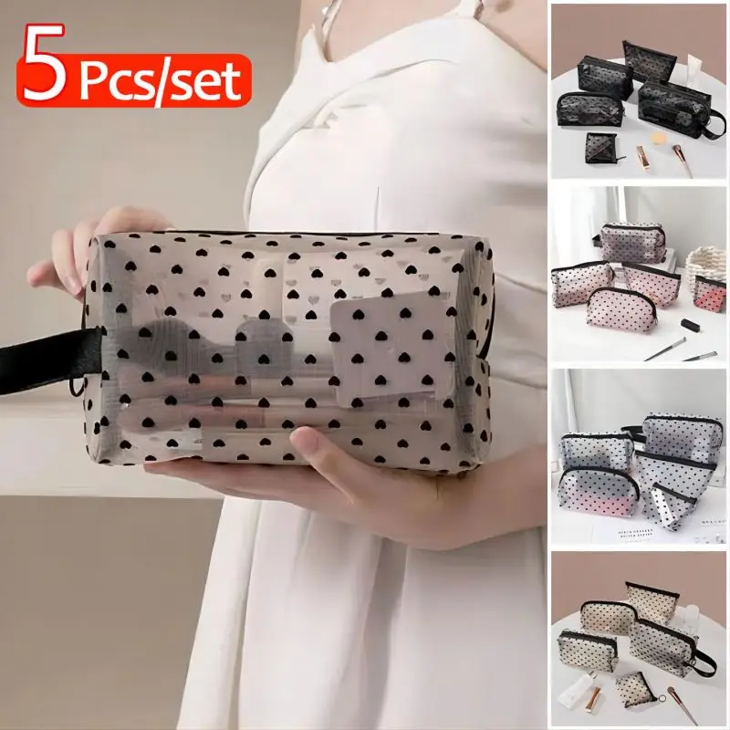 5PCS Love Mesh Cosmetic Bag Portable Travelling Wash Storage Bag Large Capacity Fashion Cosmetic Bag