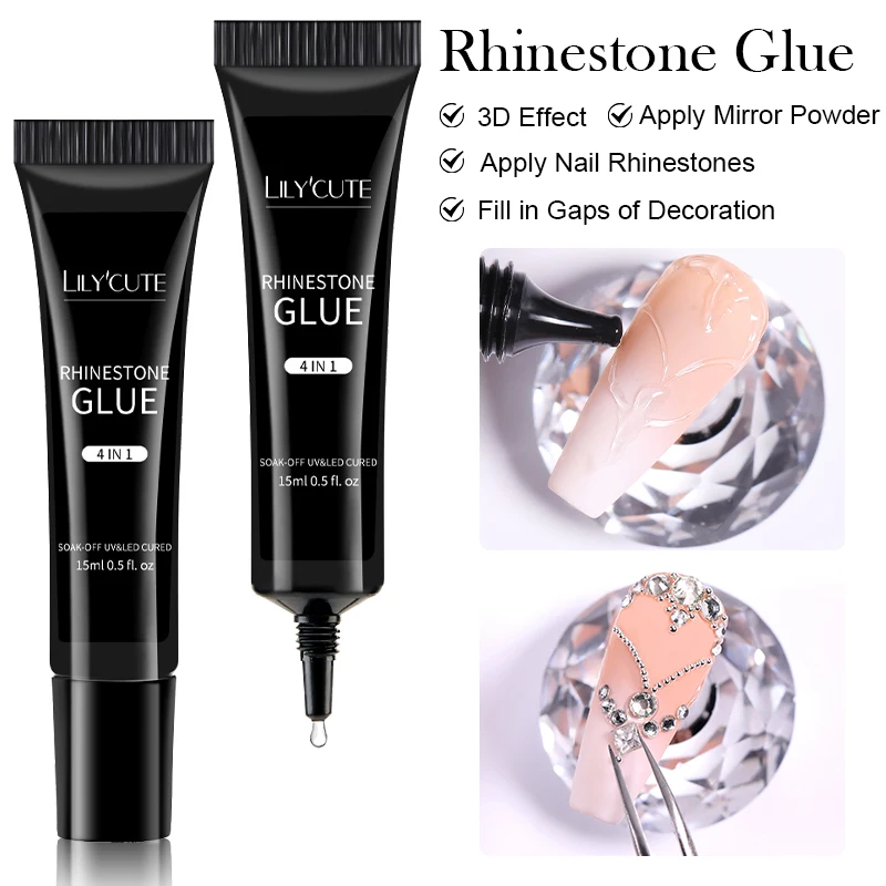 LILYUCUTE 4 IN 1 Nail Rhinestone Gel for DIY 3D Shaping Manicure Super Adhesive NO Wipe Nail Gel for Powder Solid Gel Nail Art