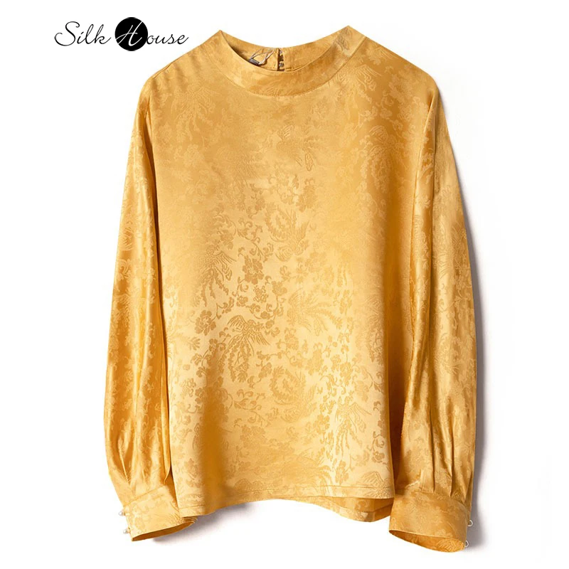 

2026 Women's Fashion Spring New Yellow Phoenix Flower 100%Natural Mulberry Silk Jacquard Satin Stand Up Collar Long Sleeve Shirt