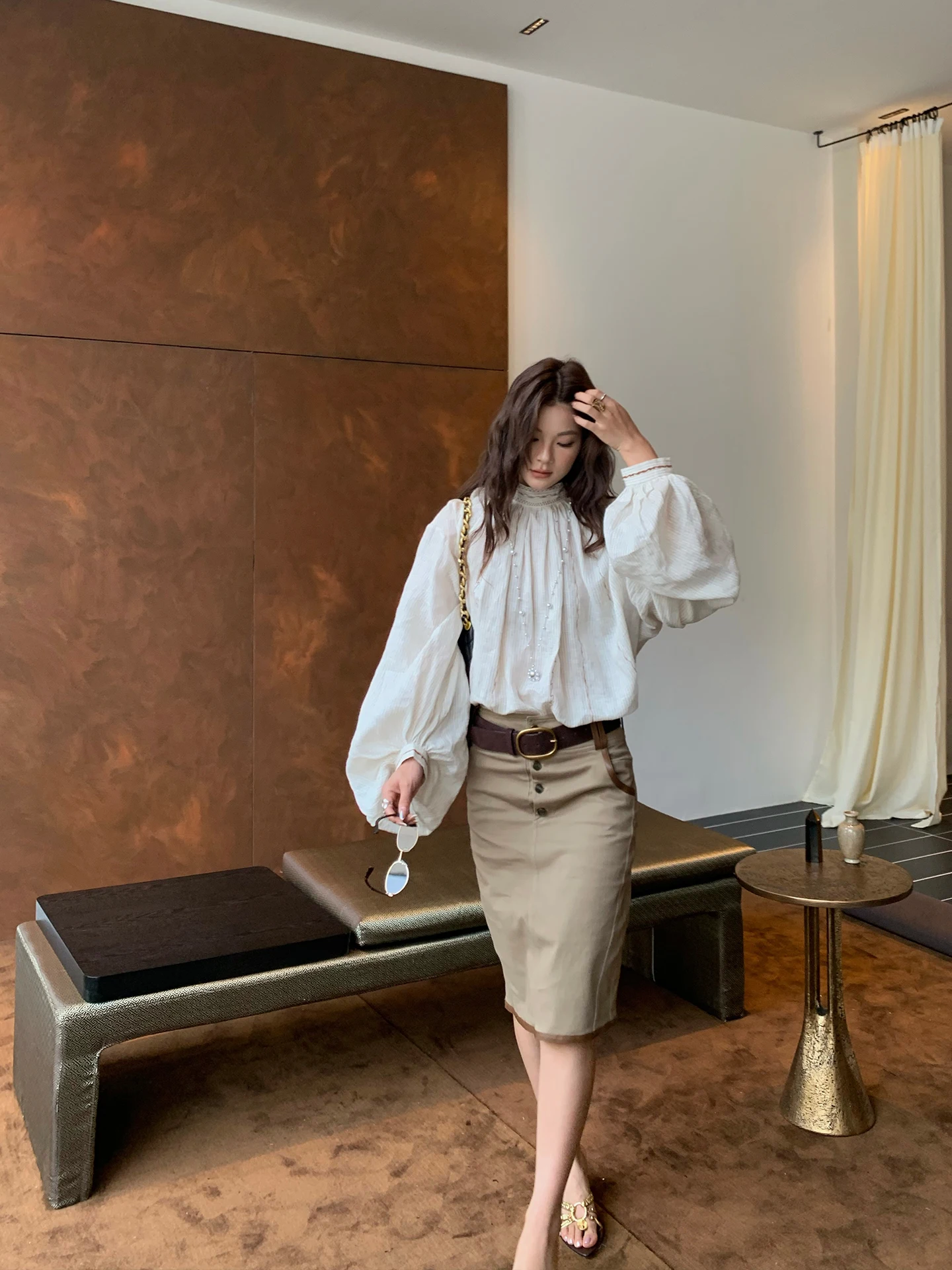 

Faionable Retro High Waist Workwear Skirt Women's Patchwork Leather Design Color Blo Ci Commute Cotton Skirt