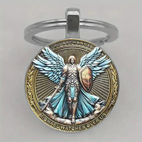 Exquisite Keychain with Divine Bright Archangel Knight Pattern Glass Pendant