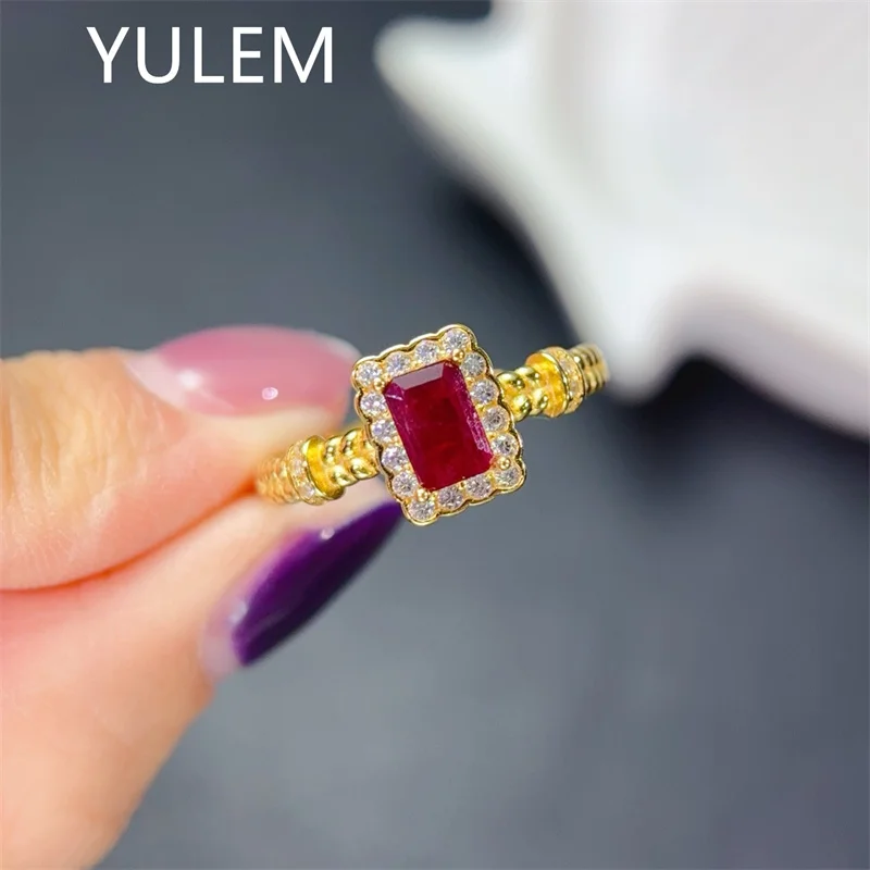 

Кольцо с натуральным рубином из Мьянмы, прямоугольное, 4х6 мм, серебряное, с позолотой 18К, для повседневной носки, ювелирное изделие из серебра с рубином