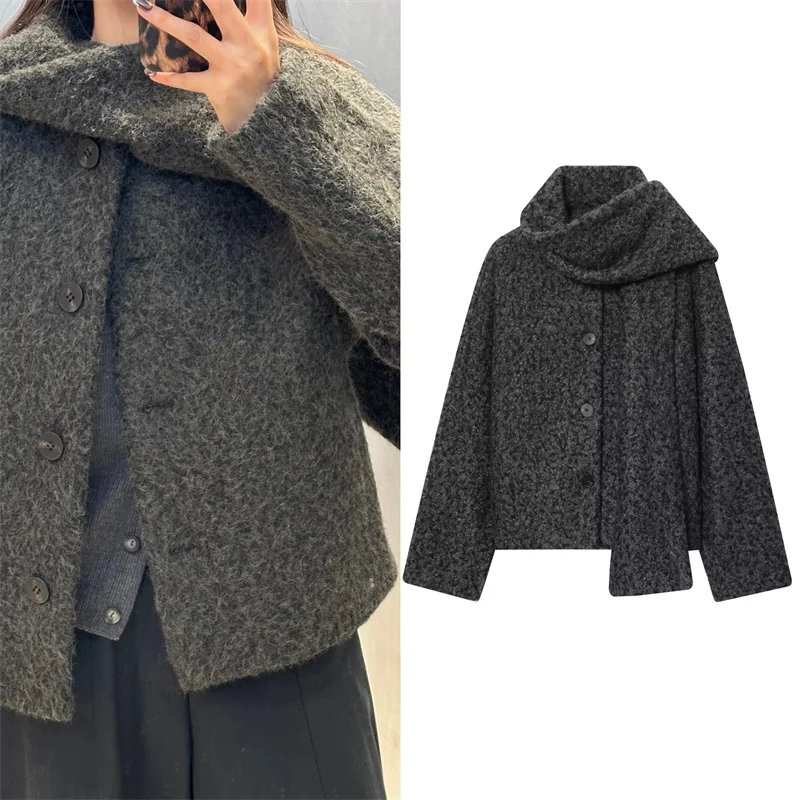 المرأة الجديدة ركاب الصوف مزيج معطف تويد وشاح قصير طوق الخريف والشتاء بسيط عارضة أزياء ملابس نسائية #1