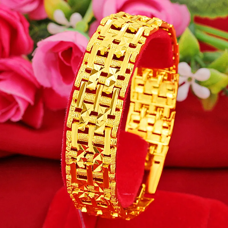 24K Orginal Gold Plated Watch Shape Charm Bracelets for Women New Trendy Elegant Wide Bracelet Couples Jewelry Christmas Gifts