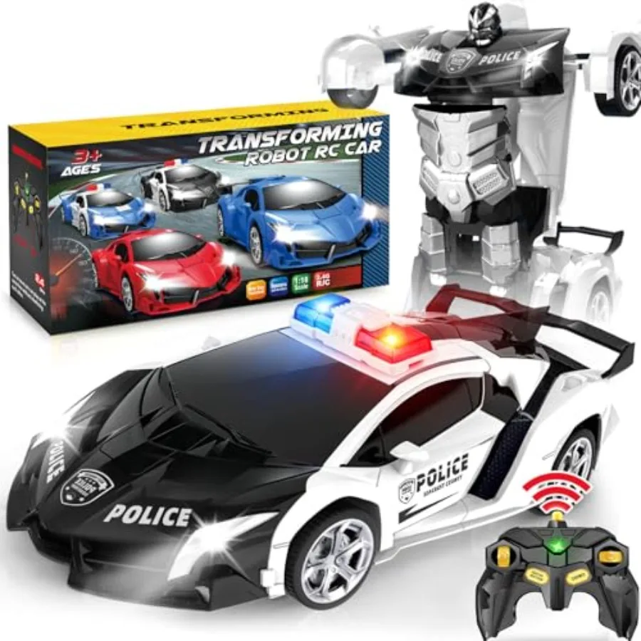 Remote Control Police Car - RC Car Transform Robot, Flashing Light, 2.4Ghz, 360 Degree Rotating, Toys for Ages 5-7, Toys, Birth
