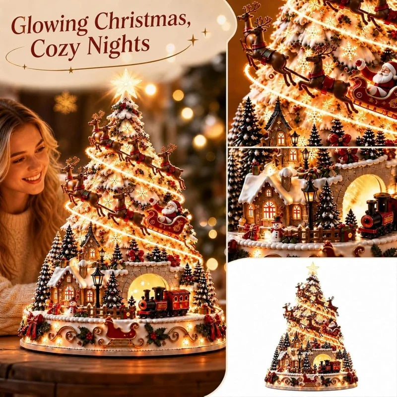 1Pc Christmas Village Lightscape Tree, 4 Themed Designs, Light Up Snowflakes, Reindeer, Indoor Tabletop Holiday Decor for Mantel