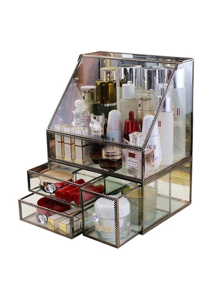 Net red glass cosmetics storage box, dustproof skin care, lipstick brush bucket, desktop dresser