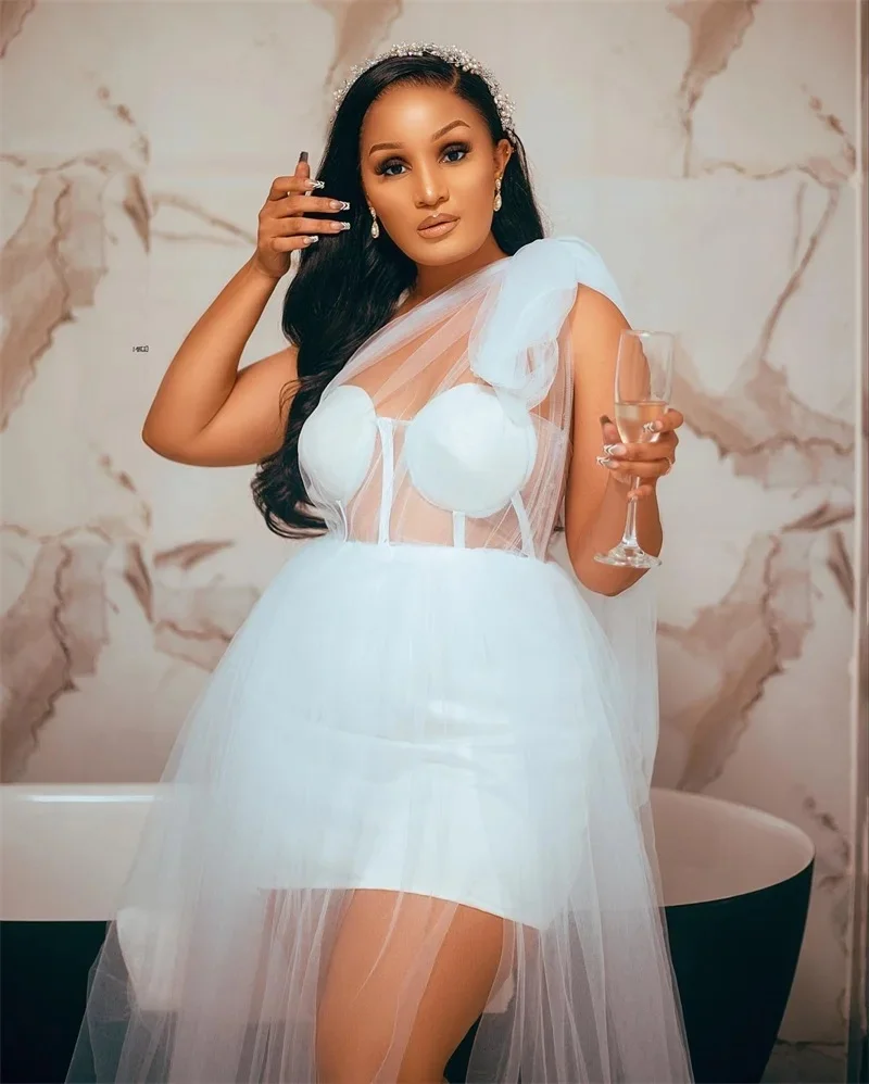 Lace Wedding Robes Customized Photo Shoot Sexy One Shoulder See Through Tulle Long Robe