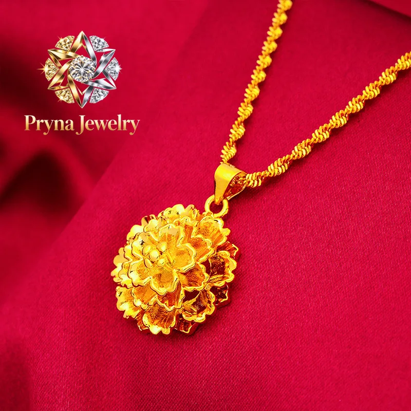 Pryna Jewelry  24K Gold Flower Pendant | AU999 Pure Gold, 3D petal design, see-through stamen, elegant and romantic for daily we