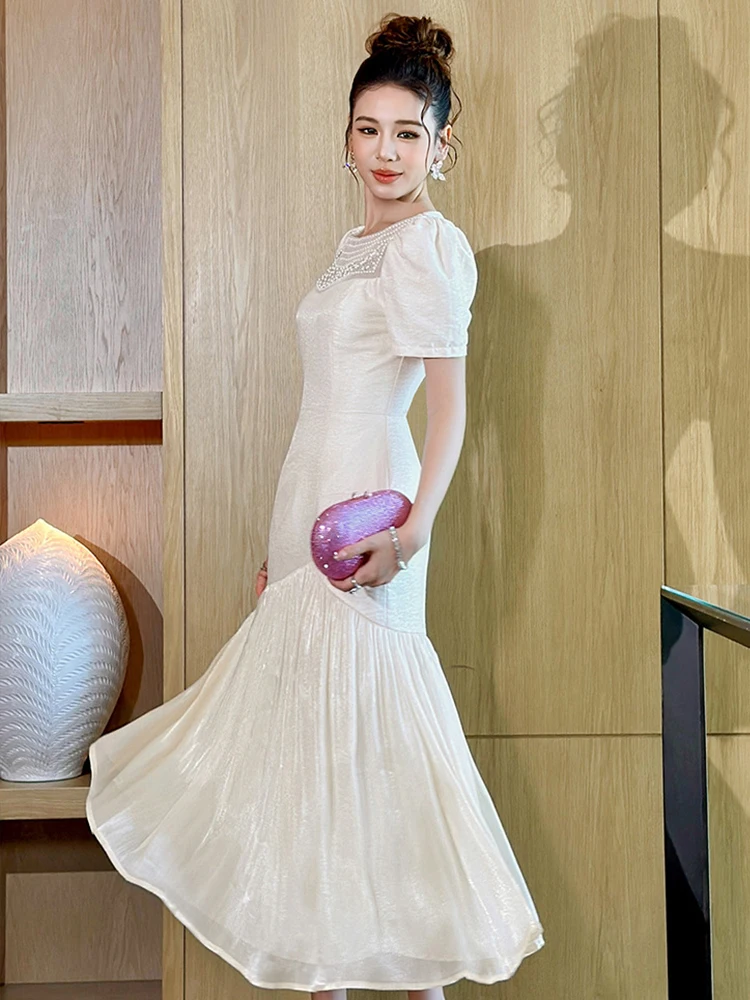 Elegancka, luksusowa sukienka maxi z perłami, bufiastymi rękawami, falbanami, asymetrycznym krojem, dopasowana, idealna na formalne przyjęcia, urodziny, wieczorne wyjścia, sukienka damska, vestidos, nowa.