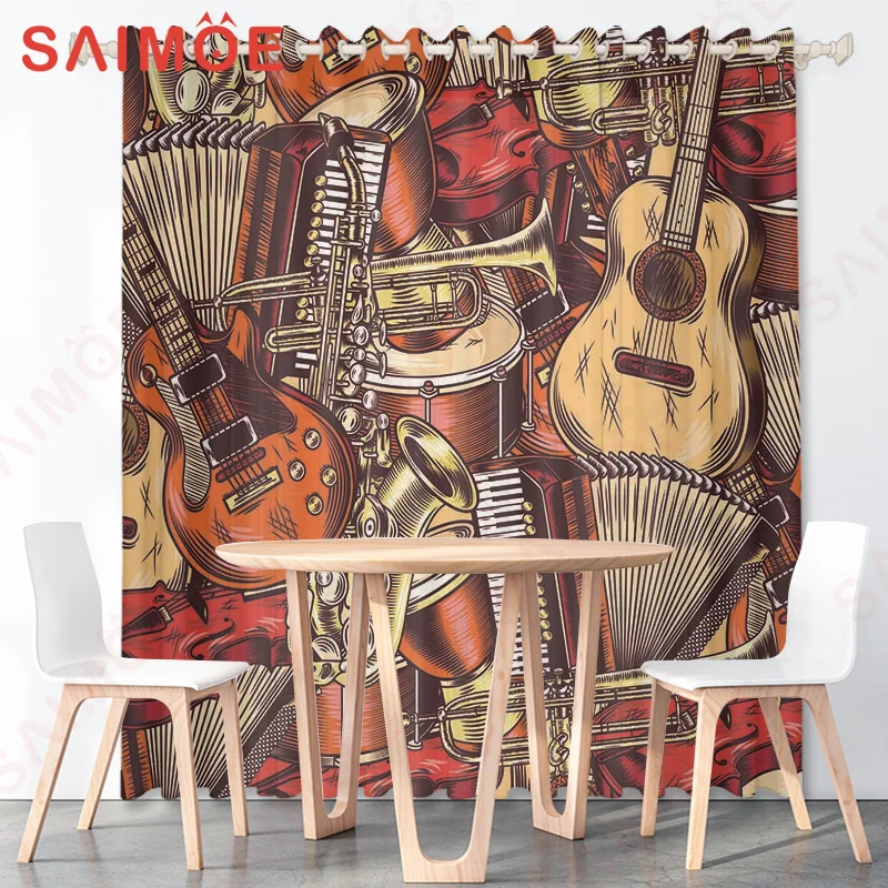 Vintage Cowboy Hat Boots Guitar Rock Style Curtain Living Room Bedroom Curtains Outdoor Kitchen Drapes Fabric Decor Kids Window