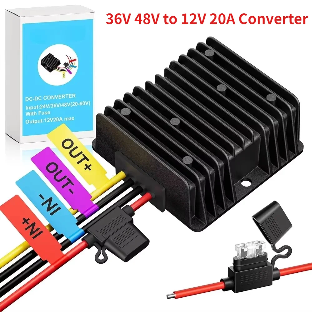 DC 36V 48V to 12V 20A Step Down Converter Voltage Reducer Waterproof Transformer with Fuse for Golf cart Accessories For klifts
