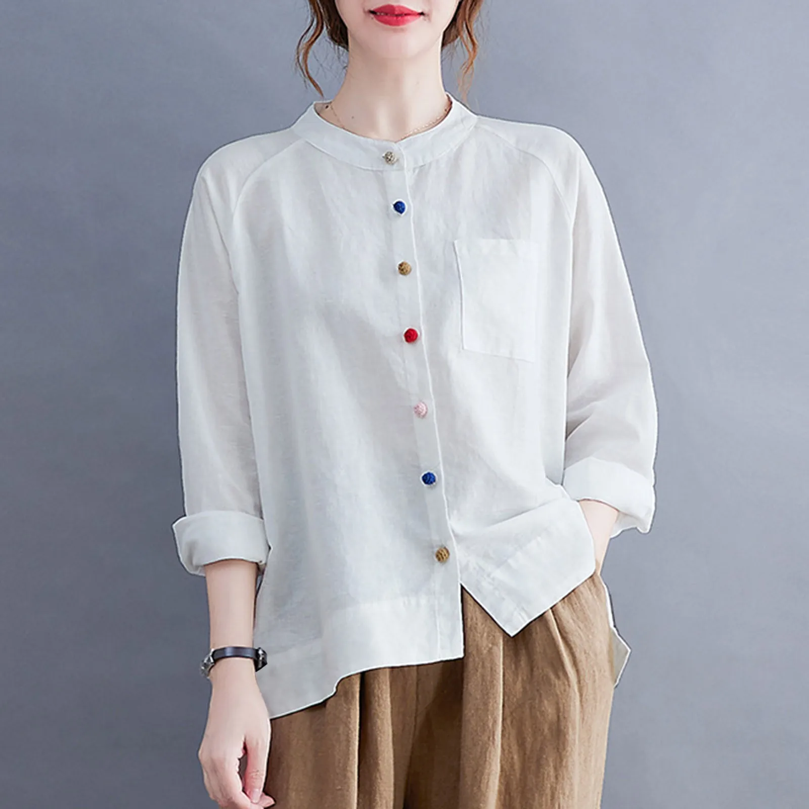 Women\'s Shirt 2024 Summer New Fashion Colourful Button Retro Art Shirt Solid Colour Round Collar Casual Loose Pocket Blouse Tops