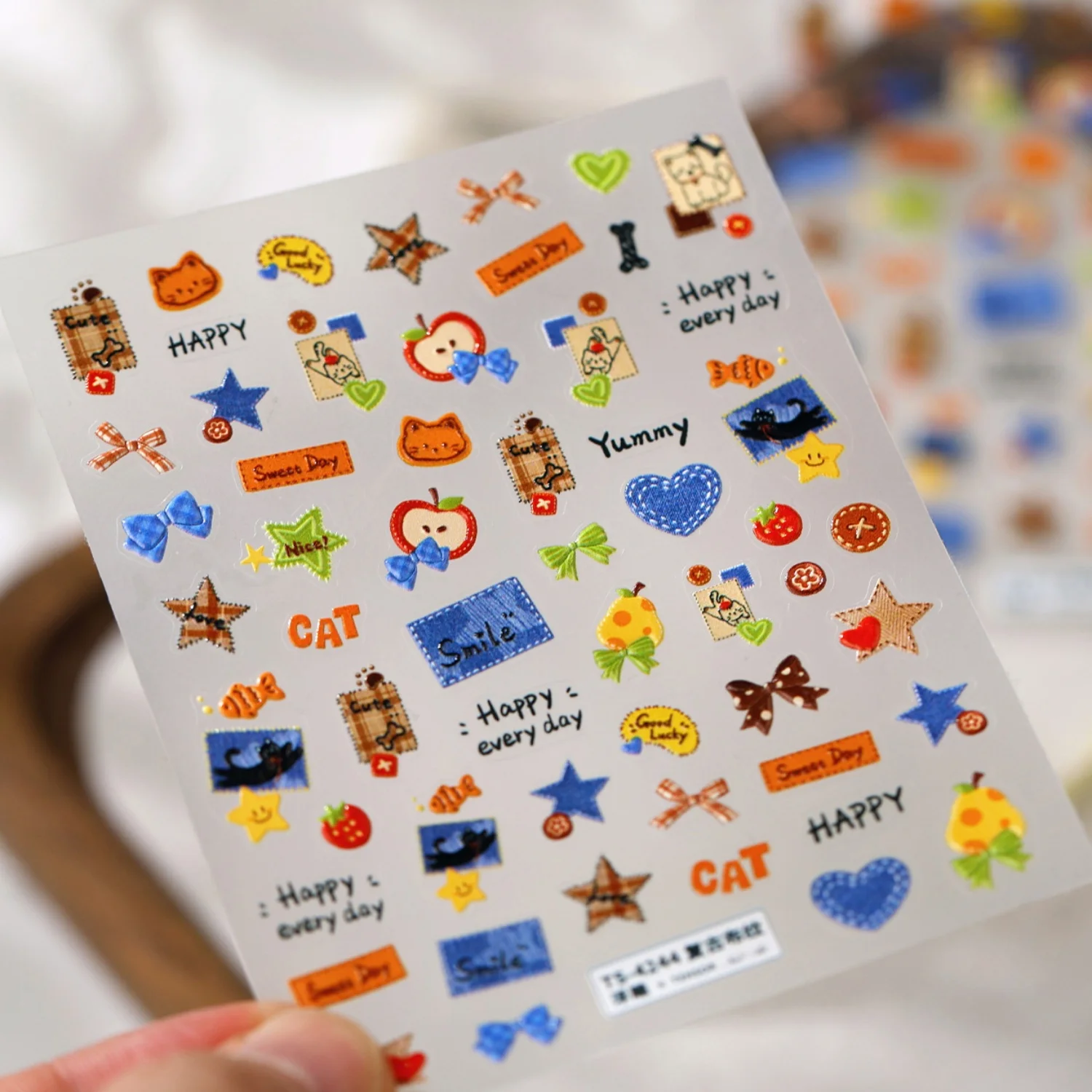 Plaid Cat 5D Nail Stickers Grid Kitty Apple Star Heart Bow Denim Embossed Decal Self Adhesive Playful Retro Manicure Supplies