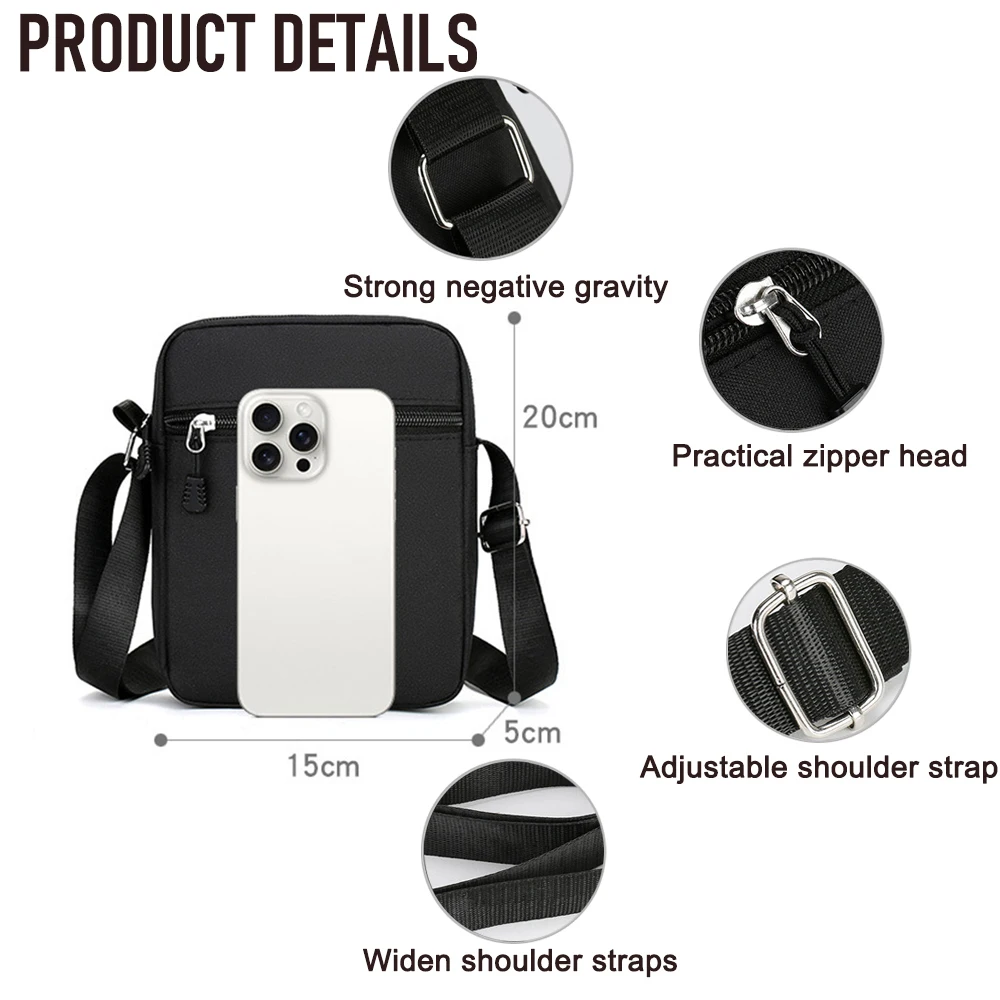 Customization Pattern Logo/Text/Name/Photo Simple Casual Zipper Crossbody Bag Oxford Cloth Black Square Sling Shoulder Bag