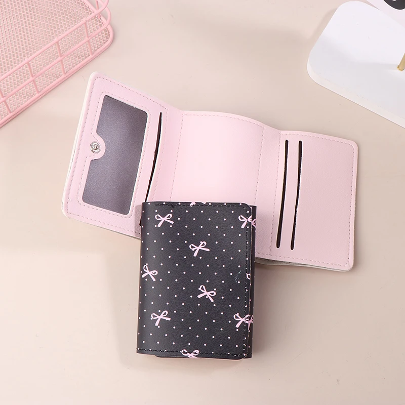 

Bow Sweet Pink Color Floral Folding Wallets Women Purse Card Holder For Girl Portable Travel Cash Coin Photo Card Bag