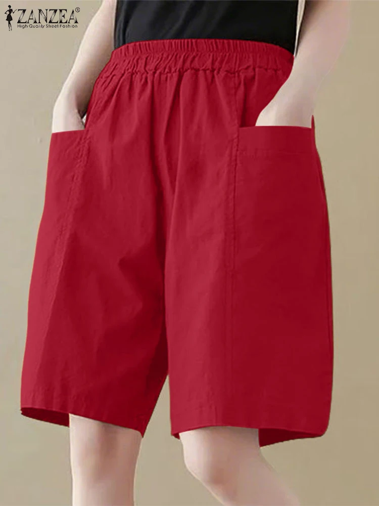 ZANZEA Summer Women Shorts Vintage Solid Color Half Pants 2025 Street Casual Korea Elastic Waist Pockets Short Bottoms Femme