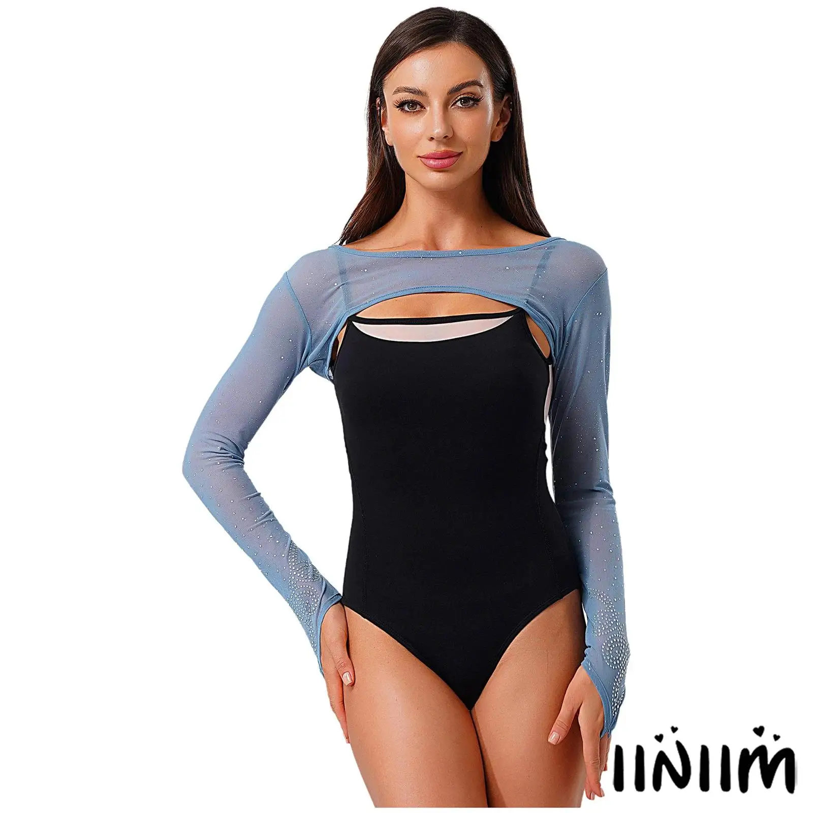 

Women Glittery Rhinestone Mesh Dance Crop Tops Long Sleeve Pullover Shrugs Shoulder Cover Tops for Ballet Modern Dance Practice