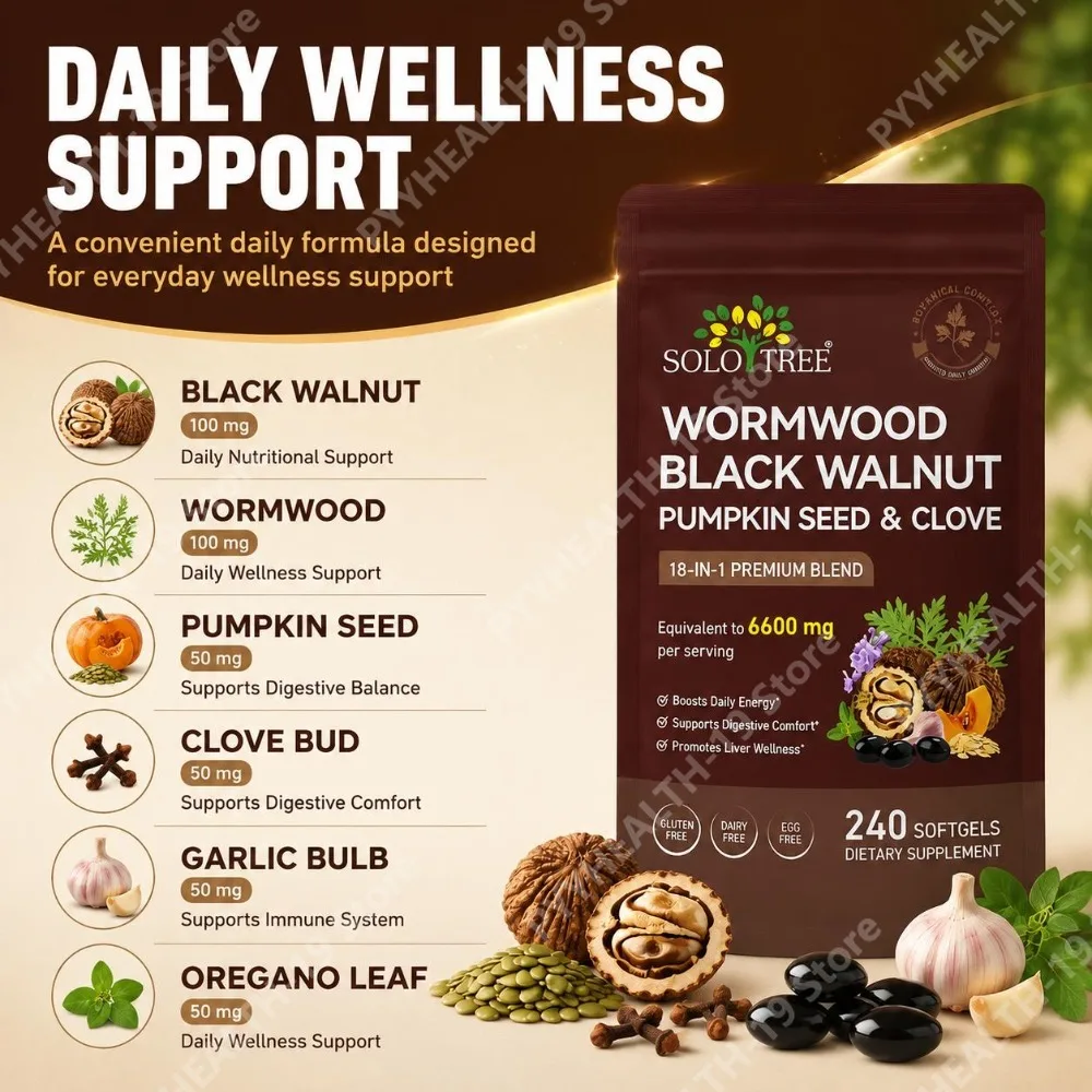 SOLO TREE Wormwood Black Walnut Pumpkin Seed Clove Softgels 18-in-1 For Digestive Comfort & Energy Support, Adult, 240 Count