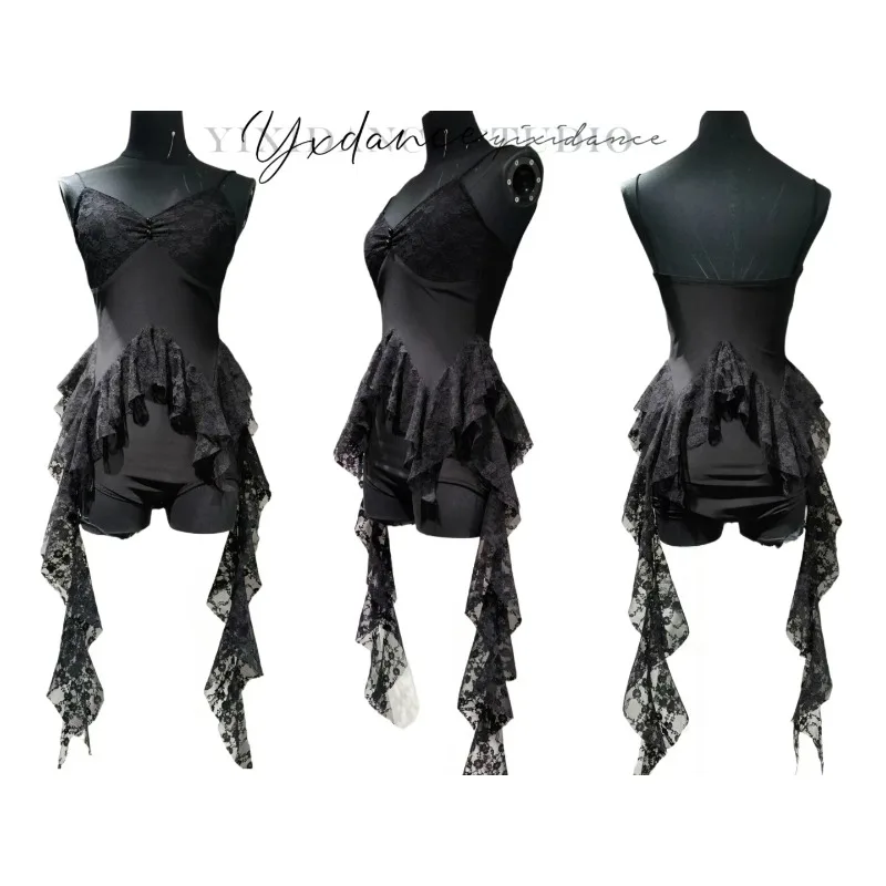 Robe de danse moderne personnalisée, tenue d'entraînement, ensemble de Performance, dentelle noire et blanche, gaze flottante, haut à bretelles, demi-jupe fendue