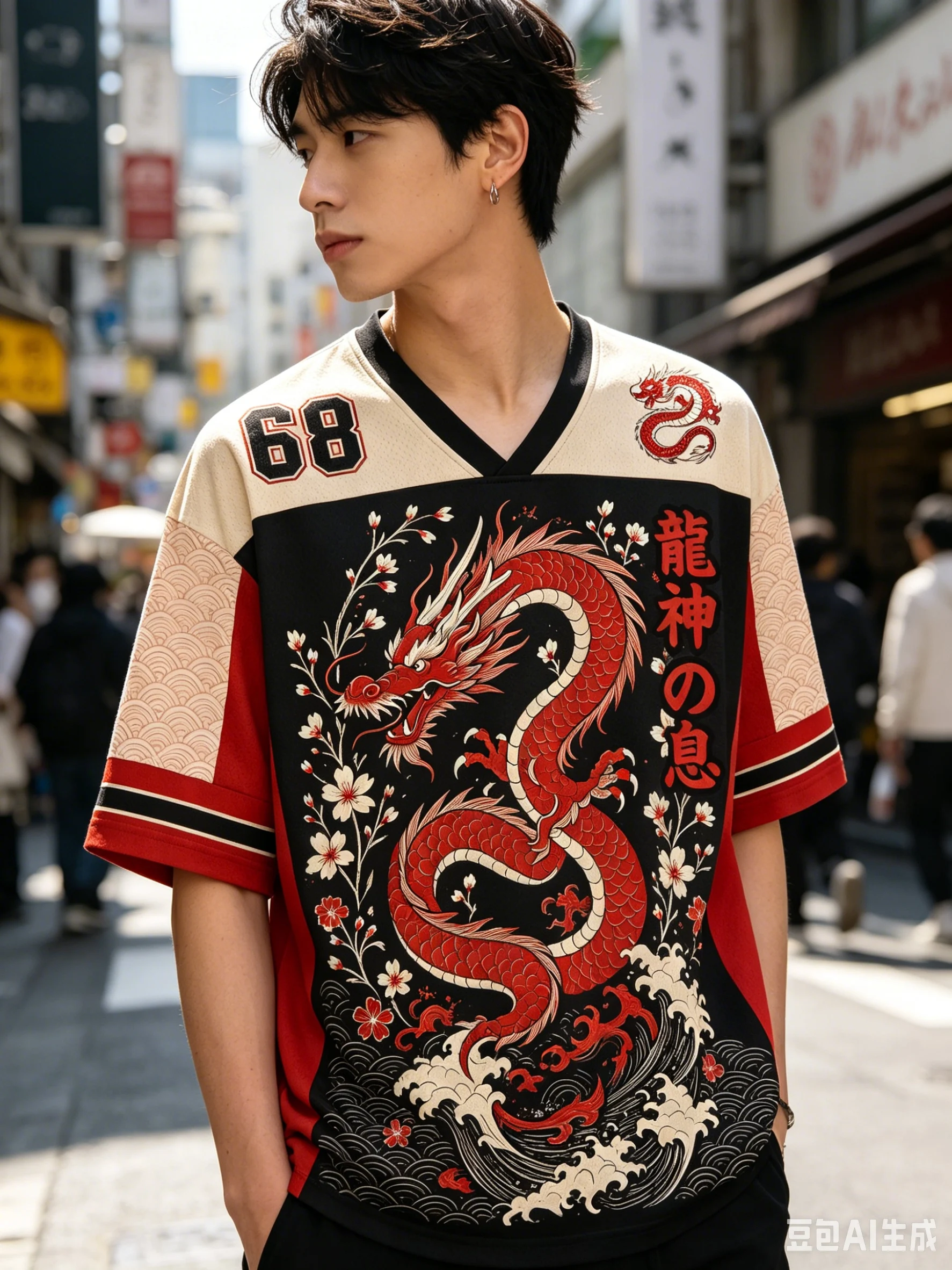 Hot Sale Fashion Retro Oriental Dragon Cloud Wave Fitness Jersey Casual Hip Hop V Neck Daily Street Sport T-shirt Top Y2k