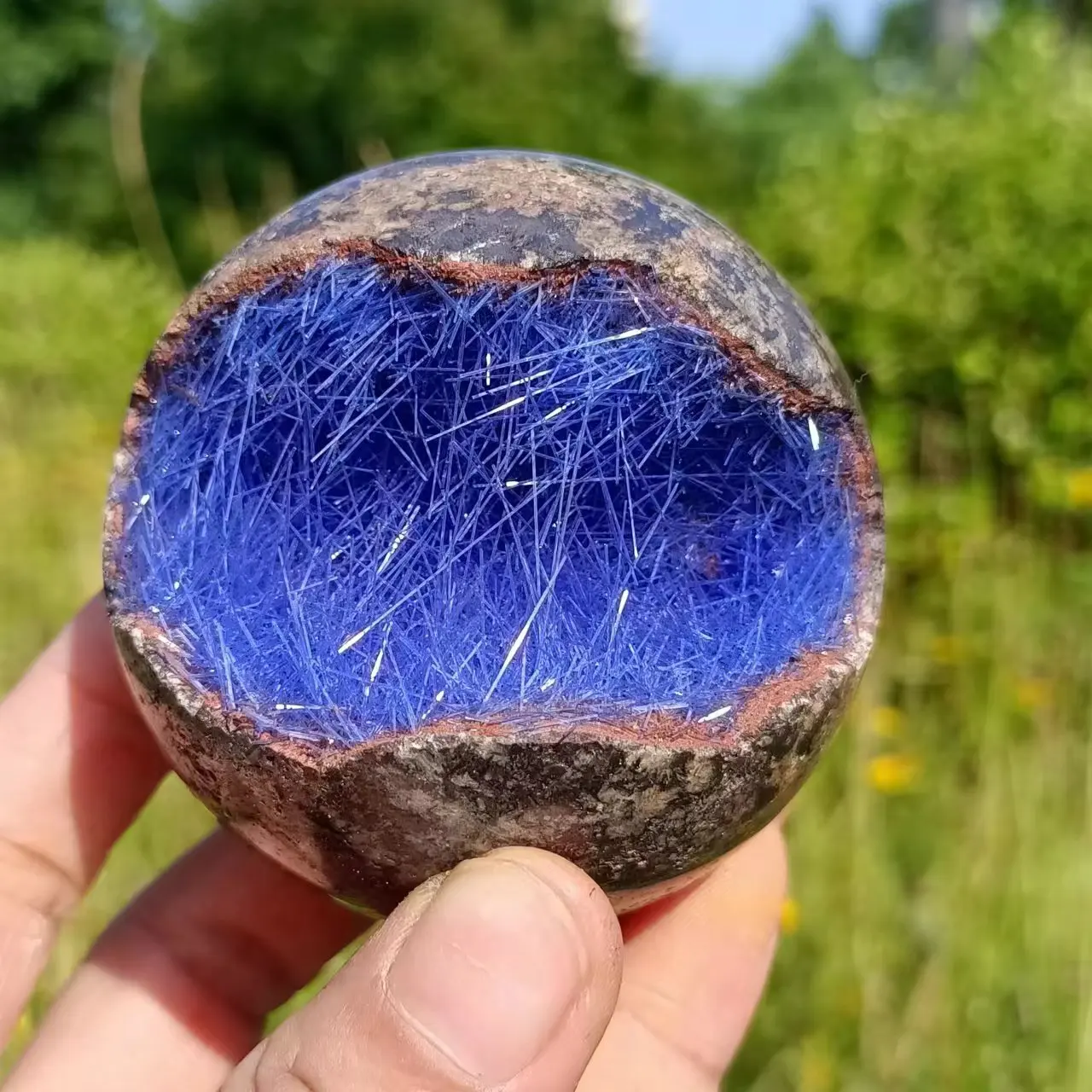 Natural Iron Ore Symbiotic Blue Hair Crystal Ball, Quartz Crystal Symbiotic Cluster, Mineral Reiki Healing Stone, Energy Demagne