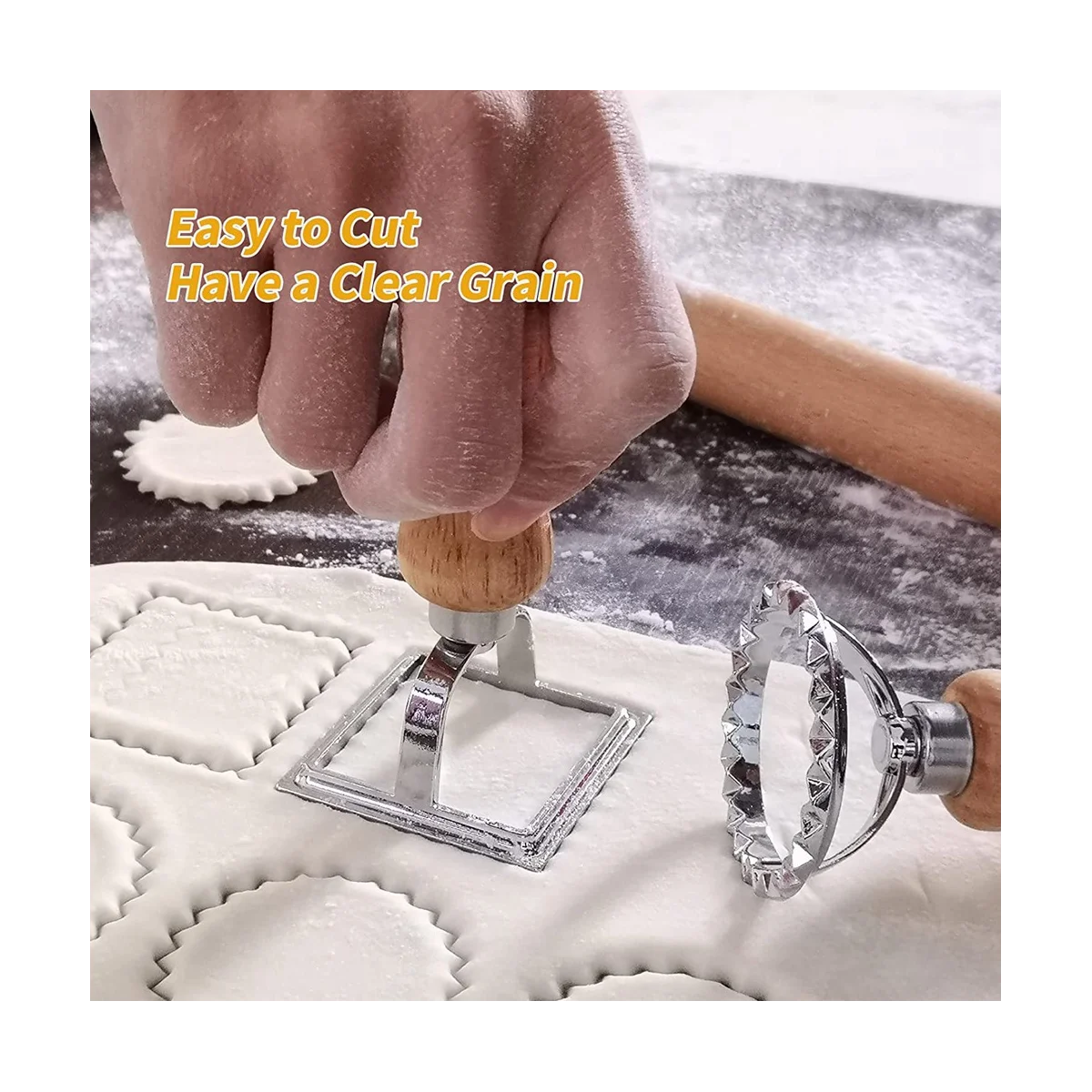 Conjunto de cortador de massa de ravioli, fabricante de carimbo de ravioli com cabo de madeira para ravioli, macarrão, bolinhos de lasanha, pierogi