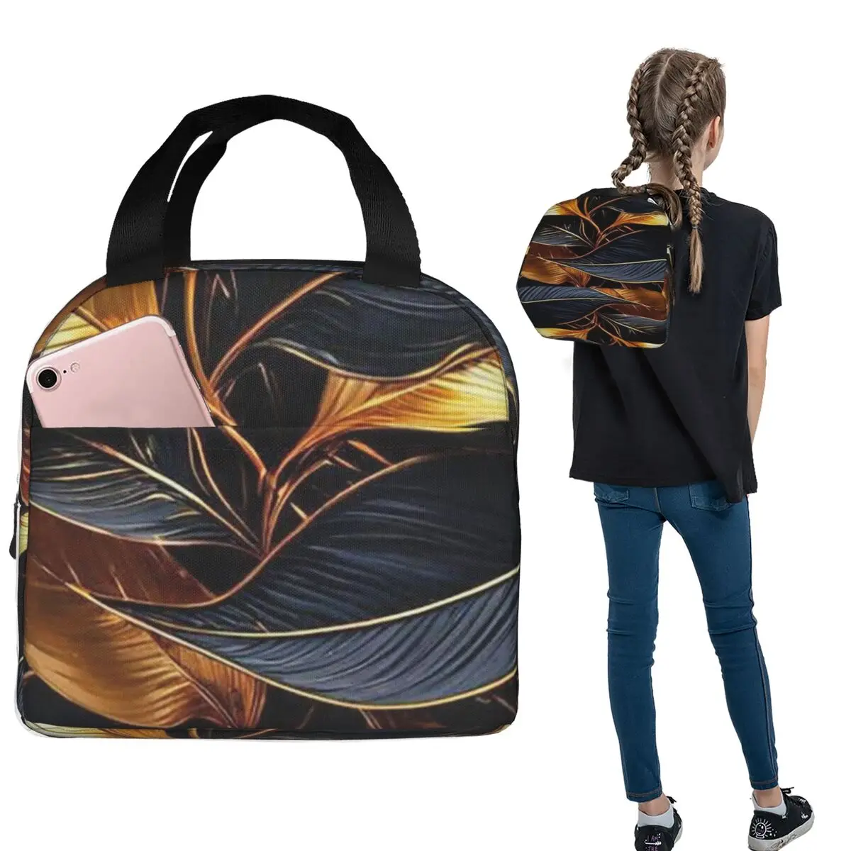 Black Golden Leaf Print Insulated Lunch Bag for Women Kids Portable Food Boxes Thermal Lunch Box Tote