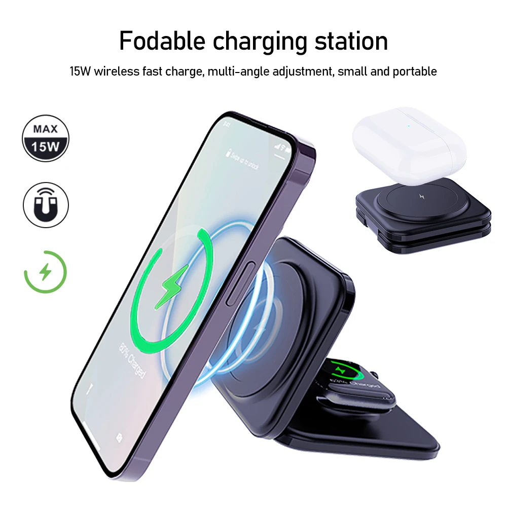 Magnetic Wireless Charger 3 in 1 Magsafe Fast Charging Station Foldable Phone Holder Stand for iPhone 16 15 Apple Watch Airpods