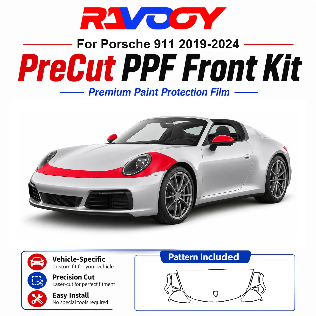 

8.5mil TPU Precut PPF Kit For Porsche 911 2019-2024 - Hood, Fenders & Mirror Set - Self-Healing Clear Bra Film