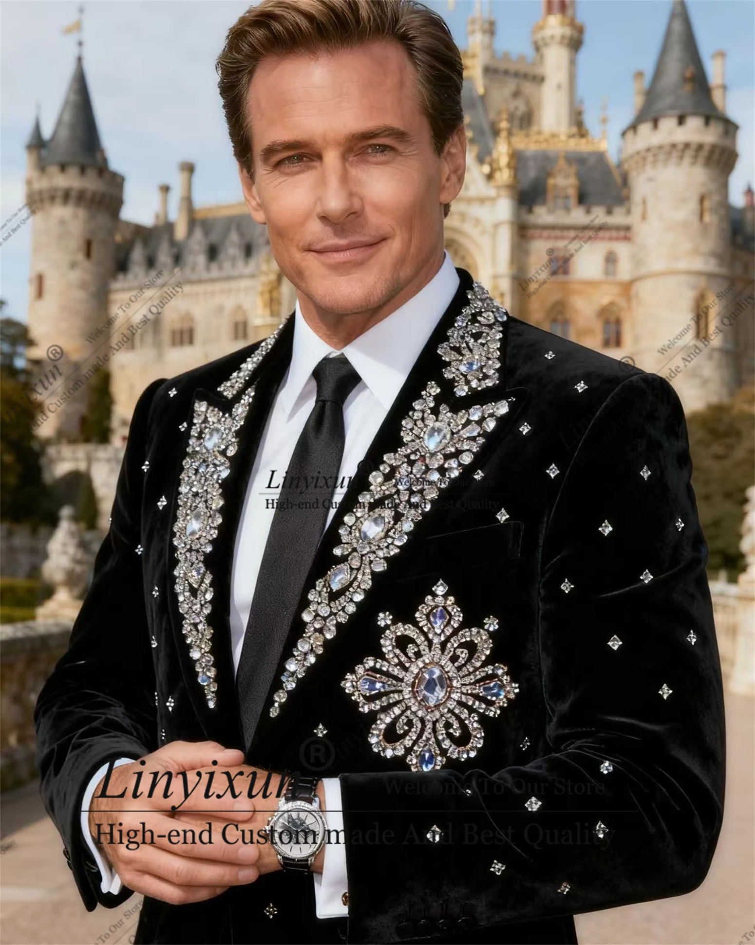 

Роскошный мужской костюм Vevet, комплект из 2 предметов, мужские пиджаки для жениха, приталенные свадебные смокинги по индивидуальному заказу, элитные свадебные смокинги с кристаллами из бисера, Ropa hombre