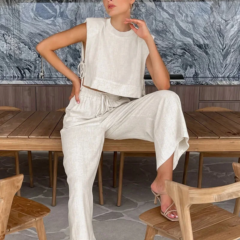 Sleeveless Linen Top With Matching Wide Leg Drawstring Pants Designed For Laid Back Summer Holidays Relaxed Everyday Dressing
