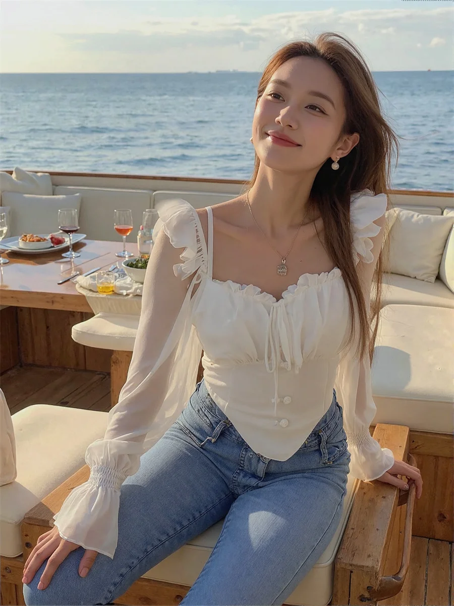 

Женские блузки с расклешенными рукавами и оборками, минималистичный бандаж, эластичная милая полоска, шикарный корейский стиль, модный праздник, винтажный стиль