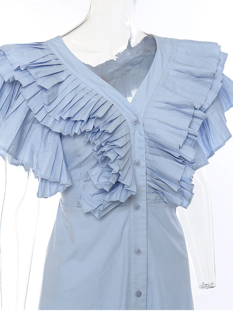 [EAM] Women Blue White Pleated Ruffles Elegant Long Shirt Dress New V-Neck Sleeveless Fashion Tide Spring Summer 2024 1DH5646