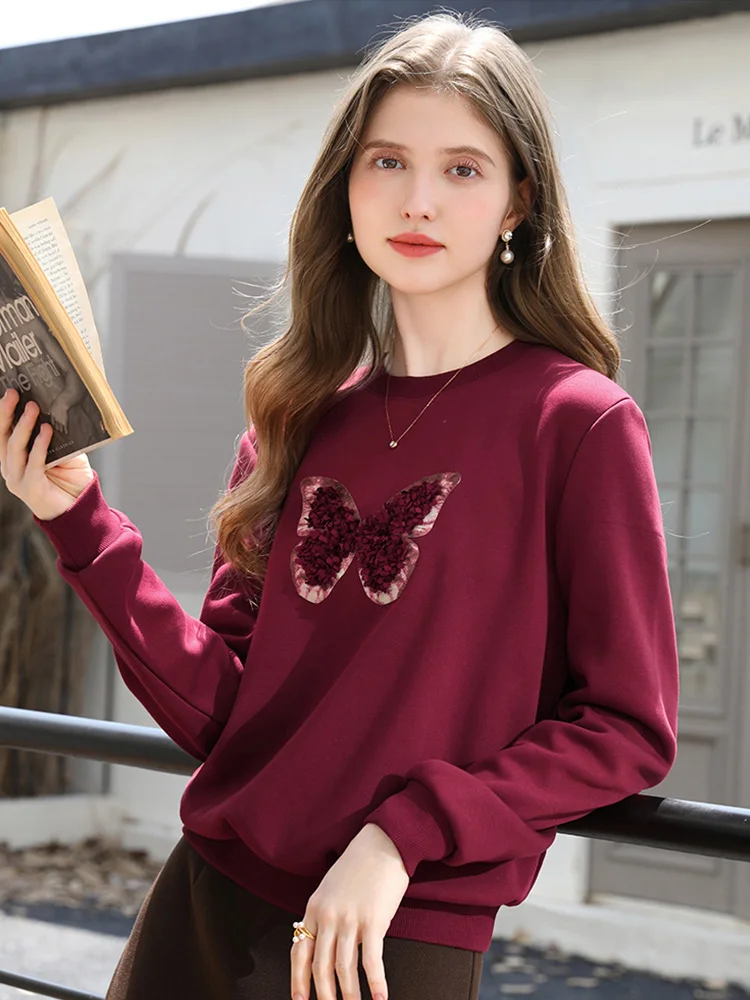 I BELIEVE YOU Rotes Sweatshirt für Damen, 2022, Herbst-Winter-Mode, dreidimensionales Schmetterlings-Fleece-Sweatshirt mit Rundhalsausschnitt, 2254196151