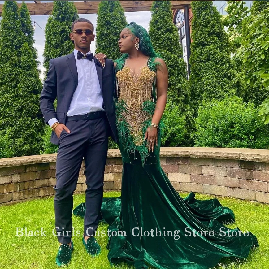 Luxury Emerald Green Mermaid Prom Party Dress 2024 Glitter Feather Beaded Applique Black Girl Wedding Velvet Evening abiye