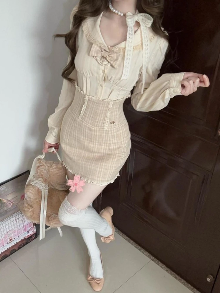 

Осень-зима Французский элегантный сладкий комплект из 2 предметов Женский тонкий кружевной топ с бантом + юбка с высокой талией Новая модная милая одежда Pure Desire