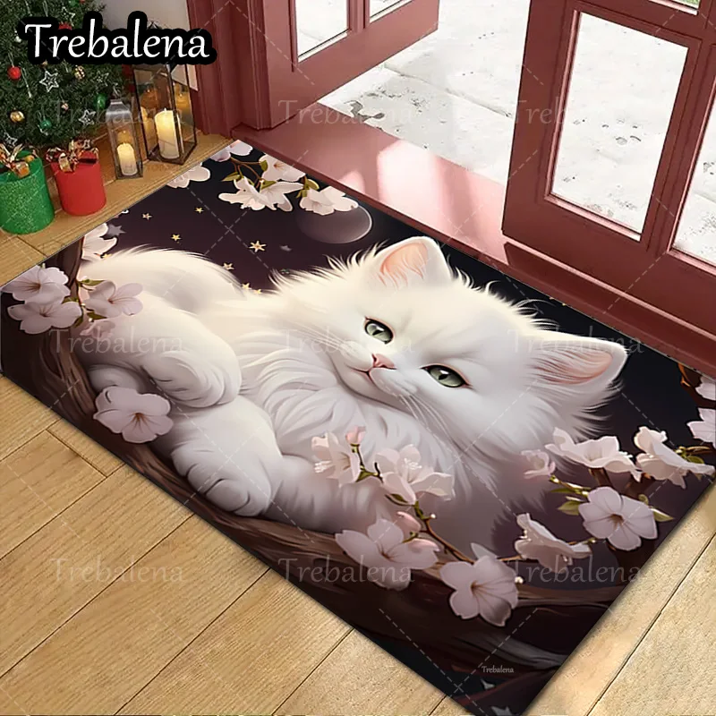 

1pc Welcome Door Mat Adorable White Cat with Cherry Blossoms Doormat Soft and Cozy Entrance Rug