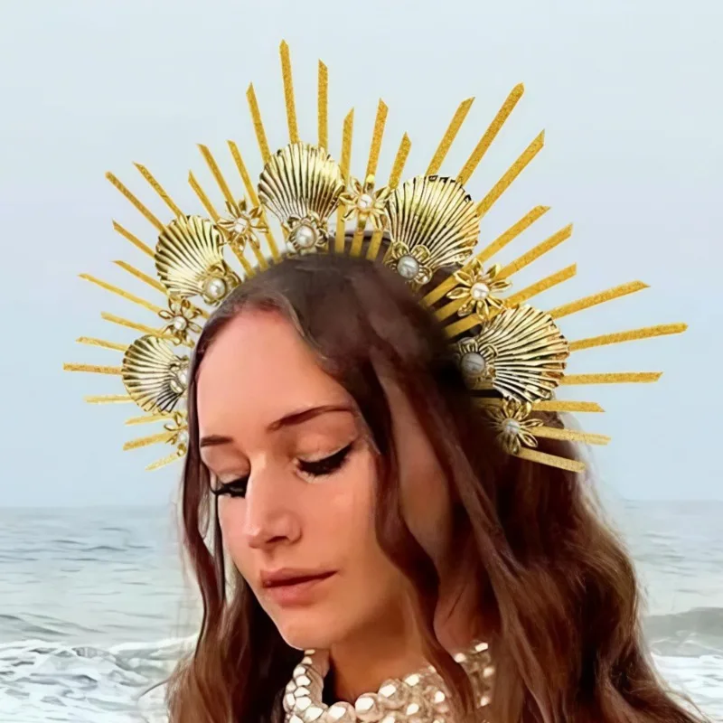 1PCS/ Spiked Goddess Headband - Gold Seashell Halo Crown with Sun Flowers for Women's Halloween Cosplay & Mermaid Costume