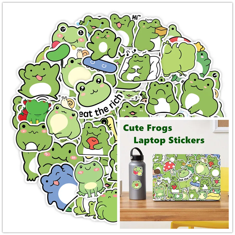 

50Pcs Frog Stickers Cute Cartoon Vinyl Waterproof Stickers for Laptop Guitar Cars Luggage Phone Hydro Flask Gift for Kids Teen