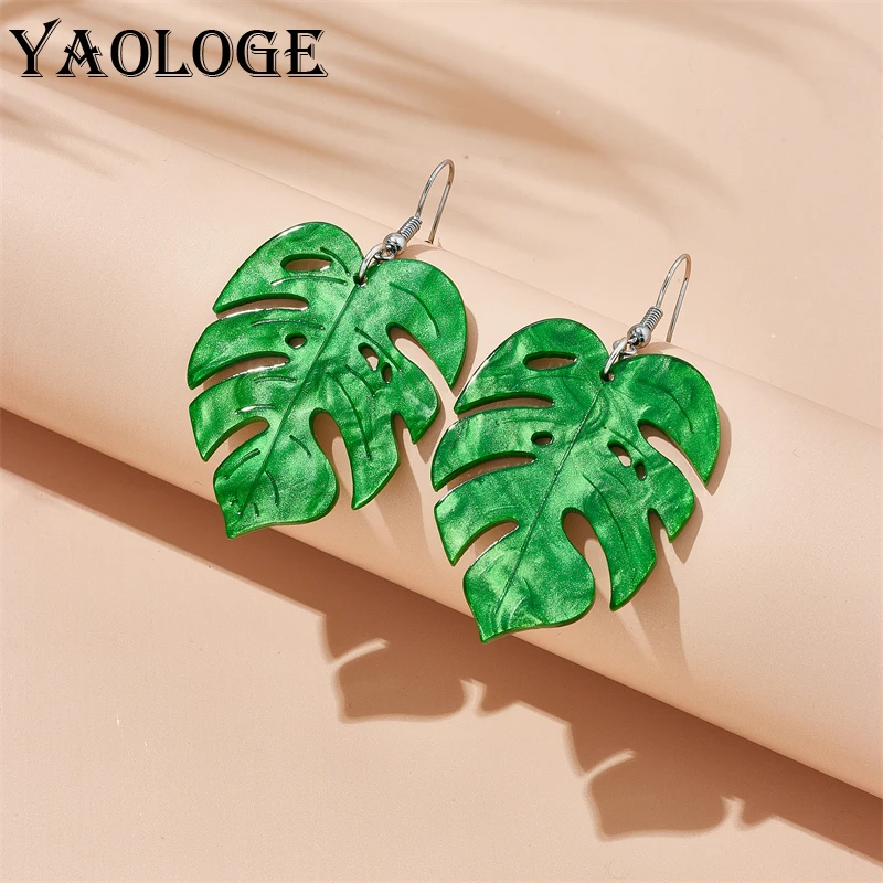 YAOLOGE Green Tropical Palm Leaf Turtleback Leaves Drop Earrings For Women New Trendy Ear Hook Acrylic Jewelry Party Gifts