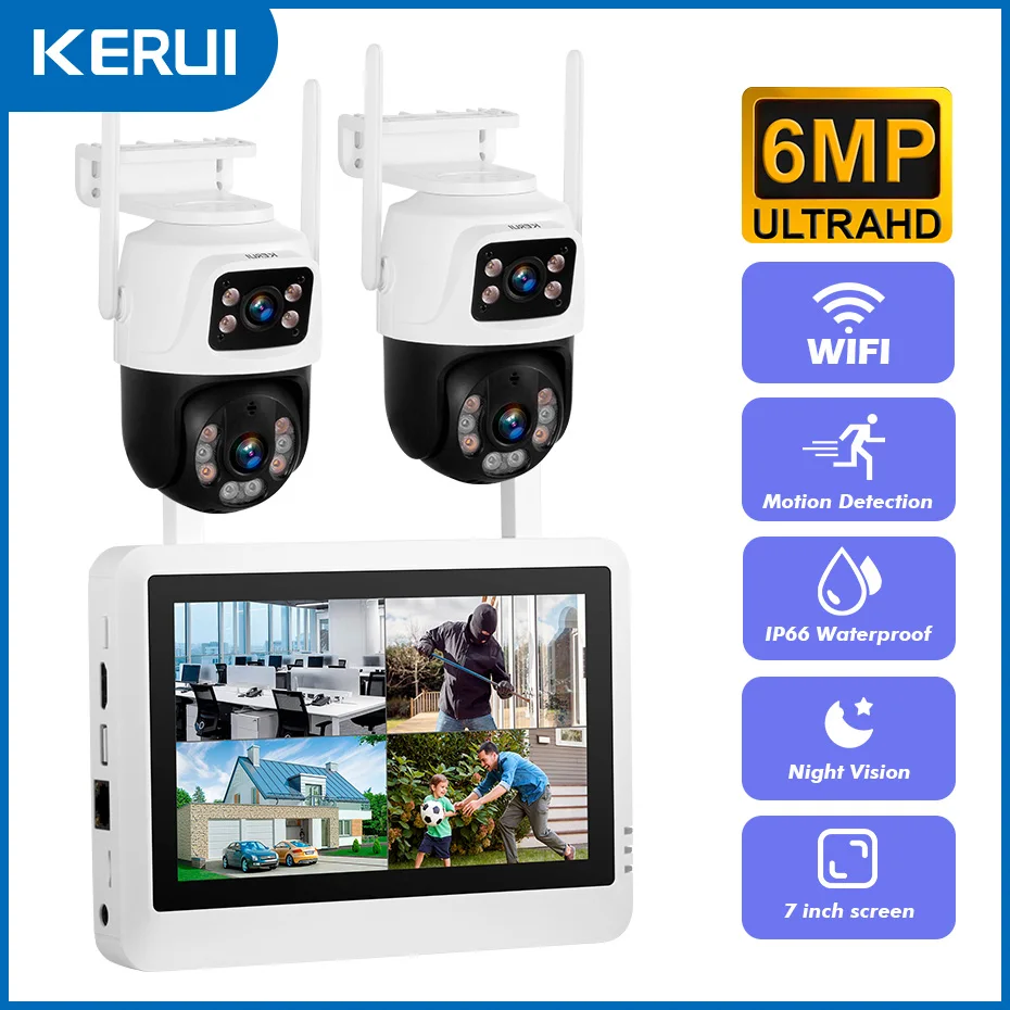 KERUI Wireless 6MP WIFI Dual Lens IP Camera 8CH NVR Home Security System Surveillance Kit 7 inch LCD Screen Video Recorder