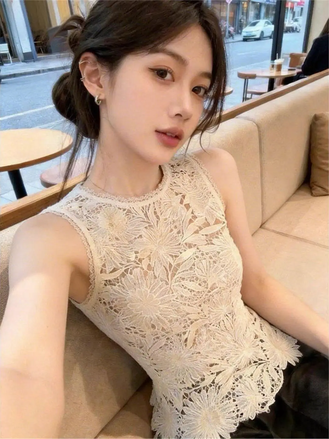Pure Desire Sexy Lace Hollow out Strap Vest Women's Summer Design Slimming Sleeveless Top round Neck A-Line Narrow Strap Vest