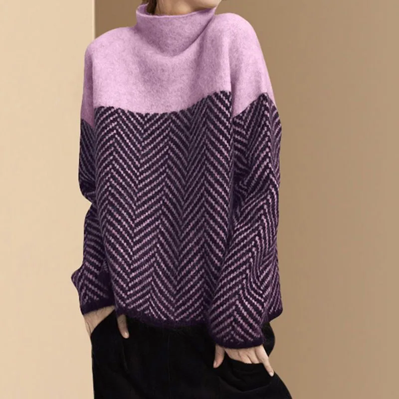 Thicken Turtleneck Striped Spliced Autumn Winter Pullovers Three Colors Slight Strecth England Style Loose Patchwork Sweaters