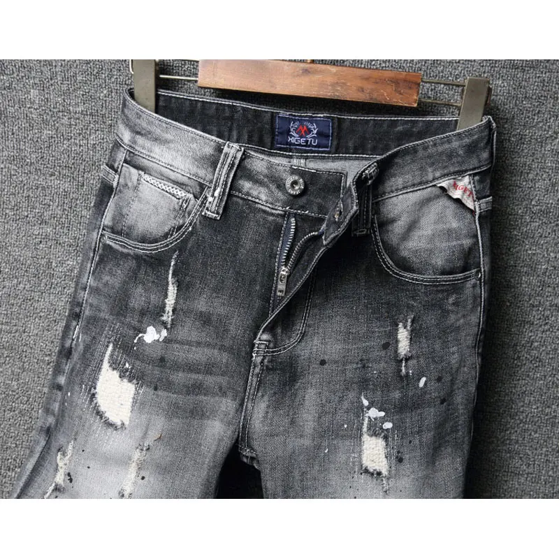 Street Fashion Men Jeans Retro Dark Gray Stretch Slim Fit Patched Ripped Jeans Men Painted Designer Hip Hop Vintage Denim Pants