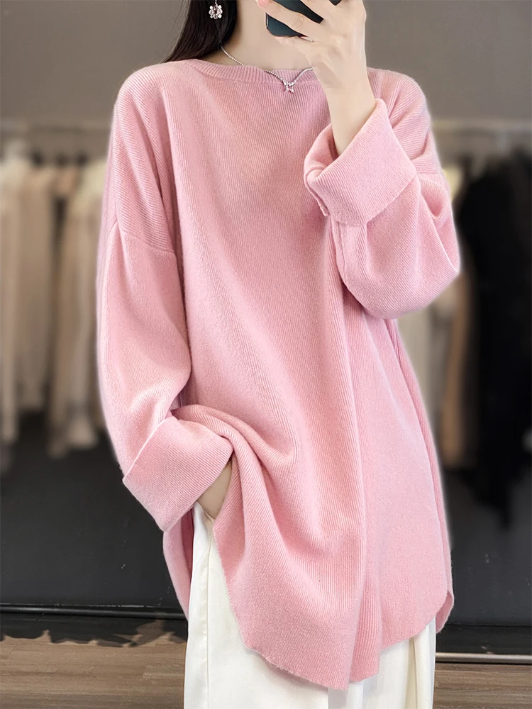 Fashion Women Round Collar Sweater 100% Merino Wool Pullovers Autumn Winter Loose Cashmere Knitwear Female Clothes Korean Tops