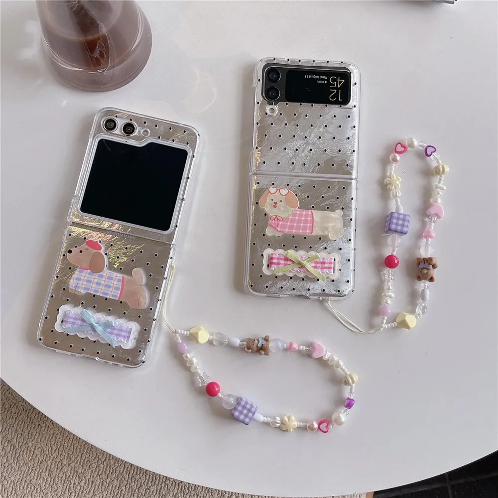 لطيف الكرتون تيدي حلقة القط حالة سلسلة قصيرة ، حالة الكمبيوتر لسامسونج غالاكسي Z Flip6 ، Z الوجه 5 ، Flip4 ، 3 ، Mi X ، الوجه الخامس ، Razr50ultra