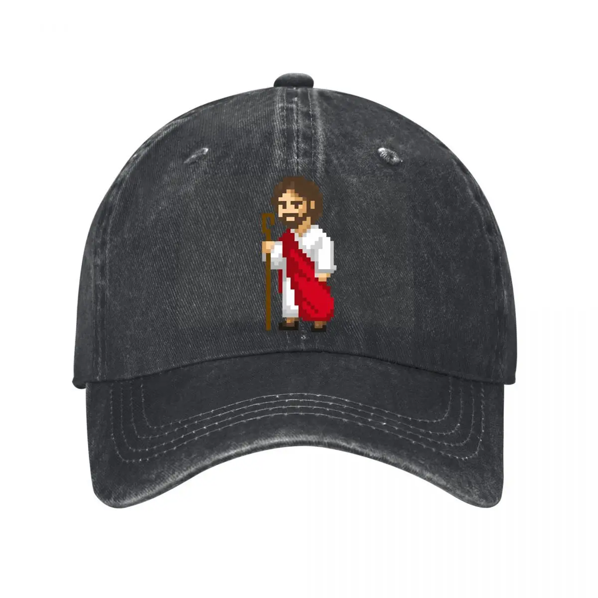 Pixel Art Jesus Shepherd Religious Figure Staff Washed Baseball Cap Outdoor Hat